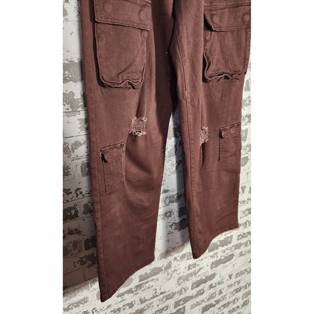 Forever 21 Cargo Pants Denim Dark Cocoa Straight Leg Distressed High Rise Casual